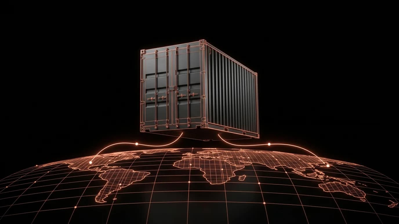 Контейнер над картой мира и маршрут поставки — CRM для логистики Forward East