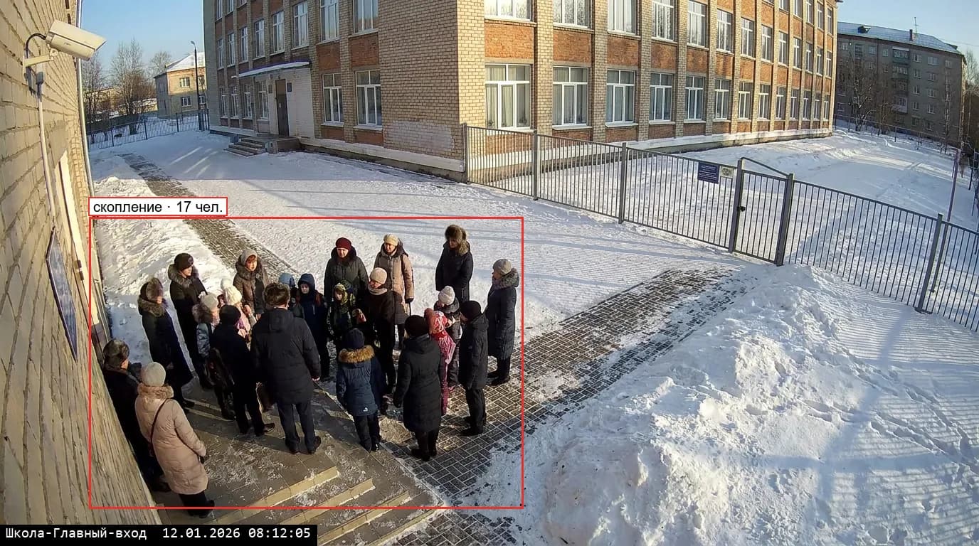 Главный вход школы утром: группа людей в рамке «скопление»