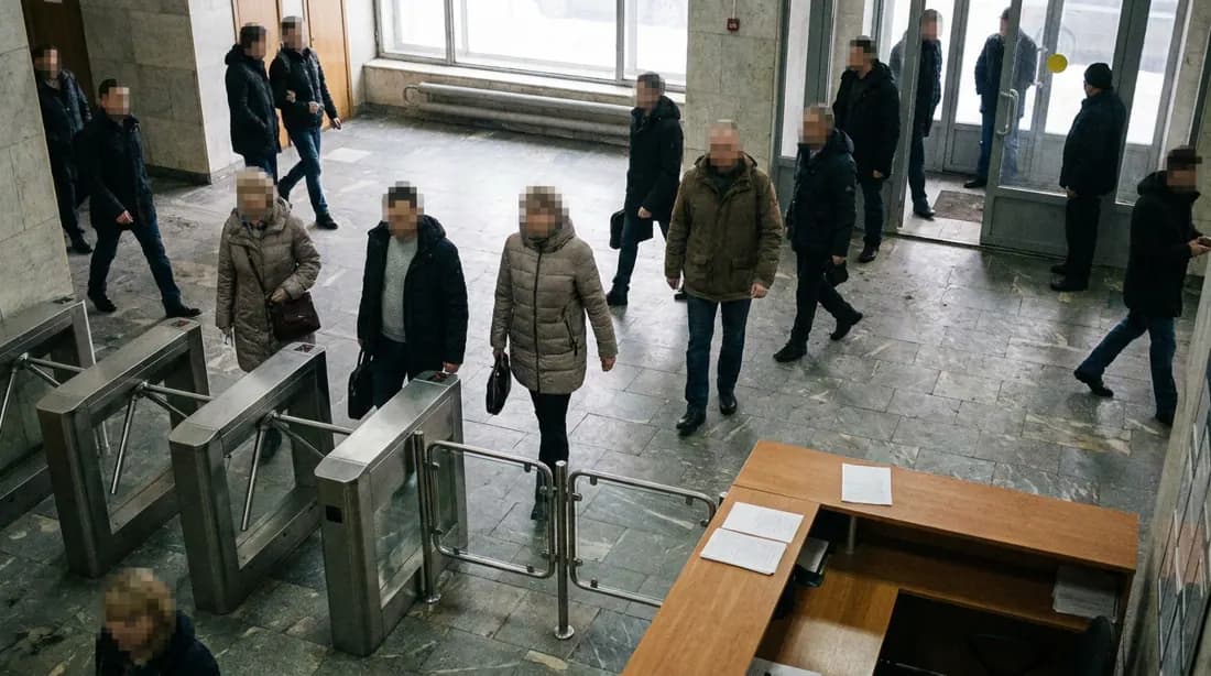 Холл офиса сверху: лица людей размыты