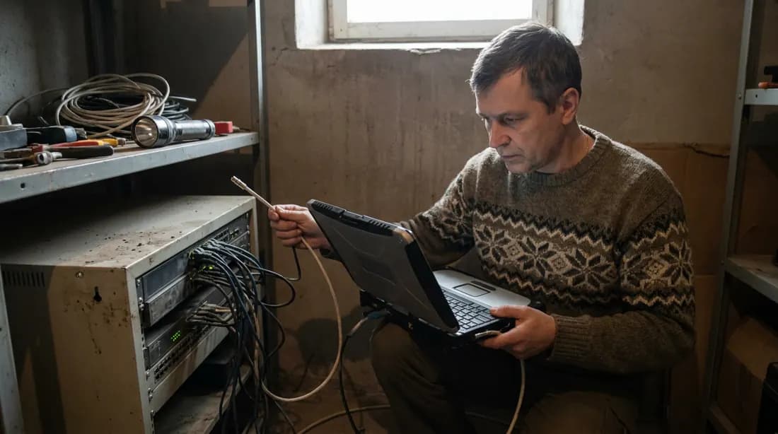Инженер с ноутбуком проверяет сетевое оборудование камер