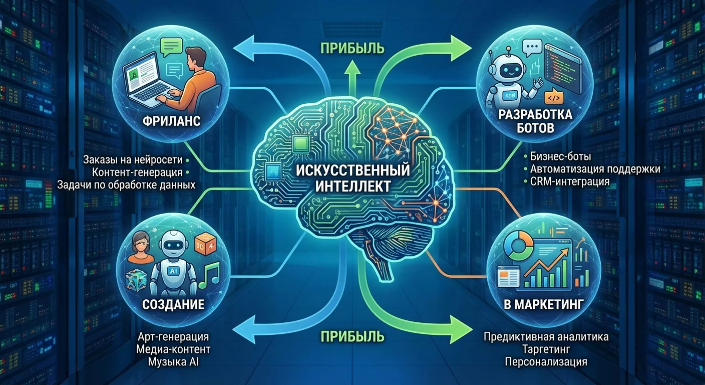 Заработок на AI: фриланс, разработка ботов, создание курсов, REI